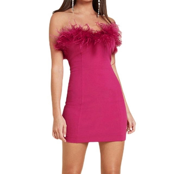 Barbie sz L Feathered Fuzzy strapless fitted bodycon dress NWOT - Picture 1 of 11